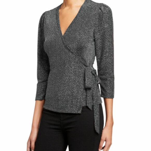 Paige Jasper Metallic 3/4-Sleeve Wrap Top/Blouse in Black with Silver Metallic - Picture 1 of 17